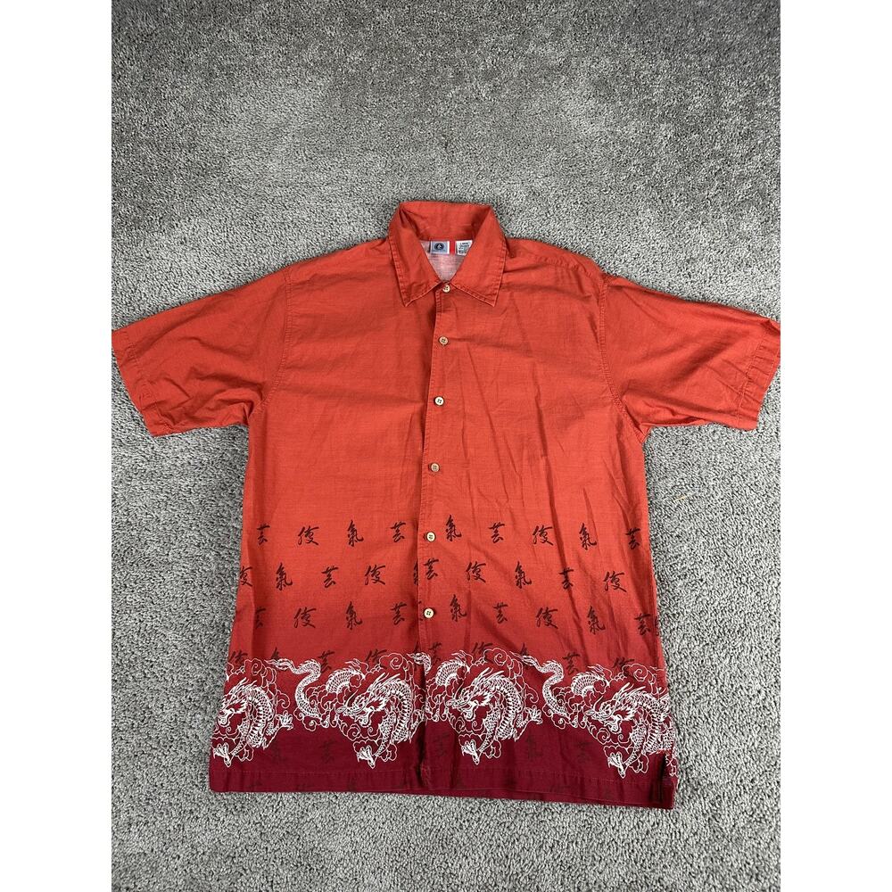 Arizona Jean Co Shirt Mens Large Red Dragon Asian Style Short Sleeve Button Up